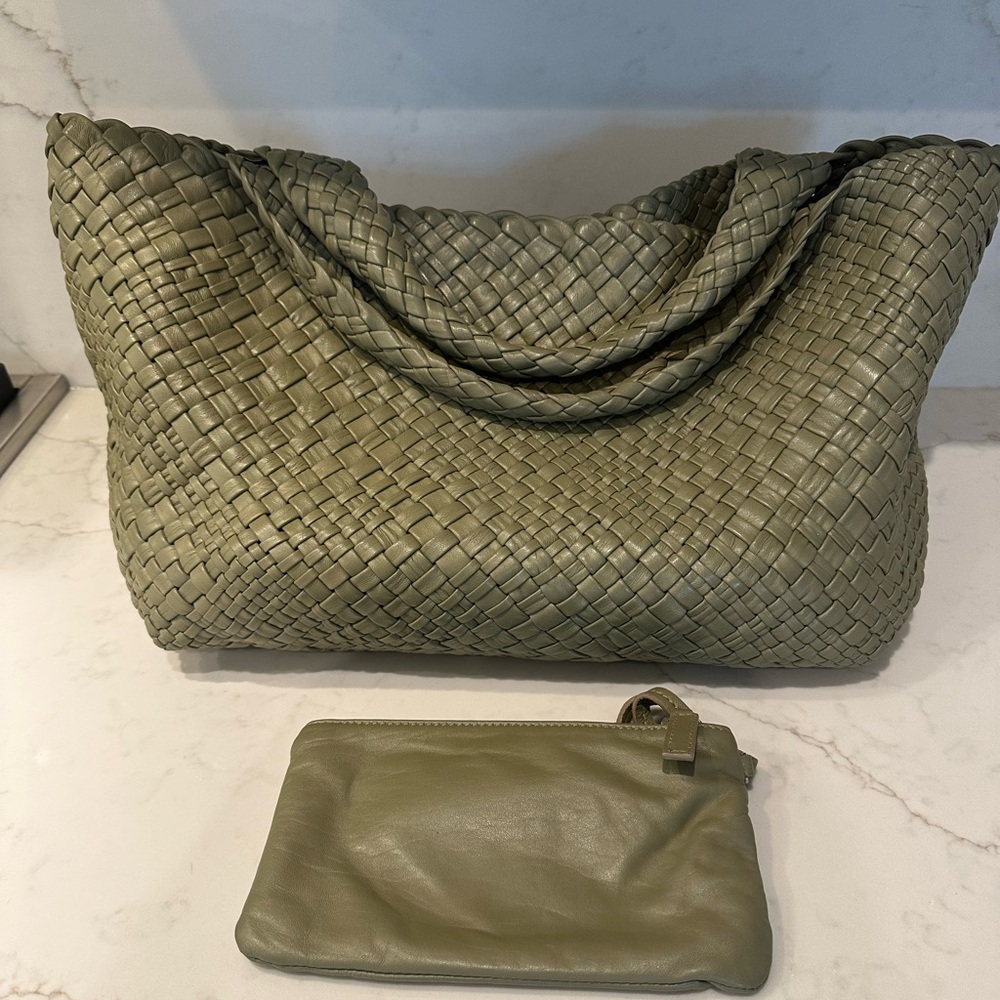 NWOT FALOR Italian Woven Leather Lg Tote Bag Rare sage / olive color Luxe
